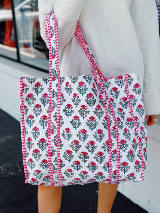 Quilted Tote Bag White/Pink + Green Floral