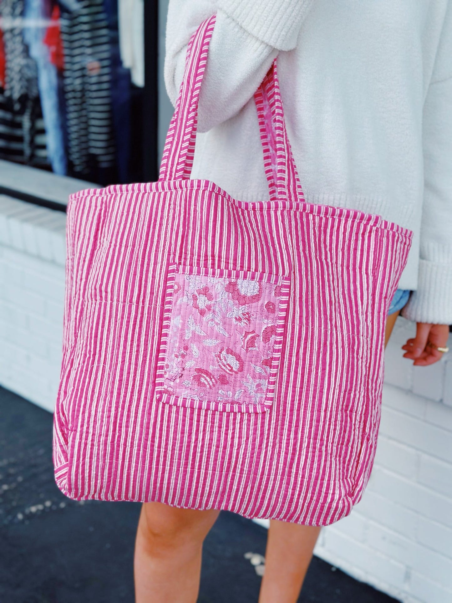 Quilted Tote Bag Pink Paisley/Pink Stripe