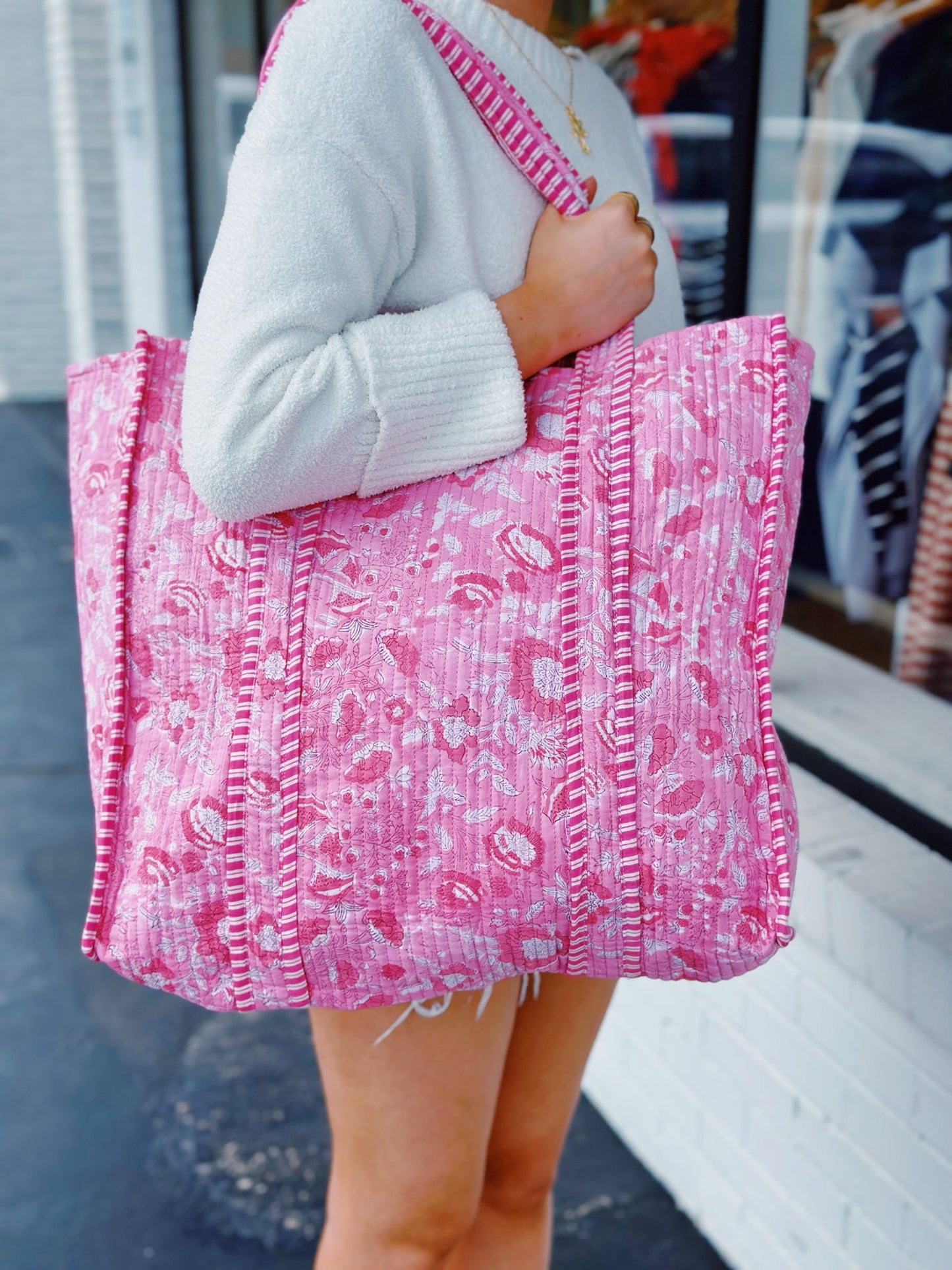 Quilted Tote Bag Pink Paisley/Pink Stripe