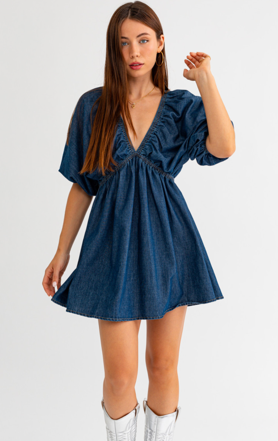 Dark Denim Balloon Sleeve Dress