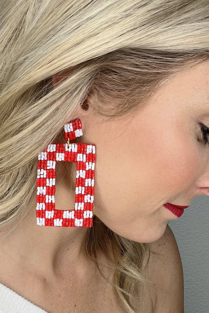 Red Checkered Beaded Earrings