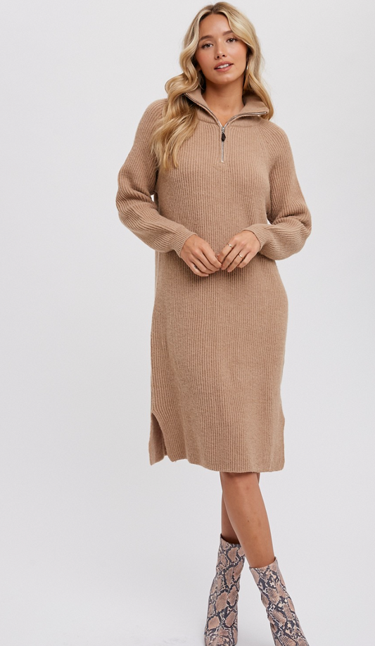 Quarter Zip Sweater Dress Taupe