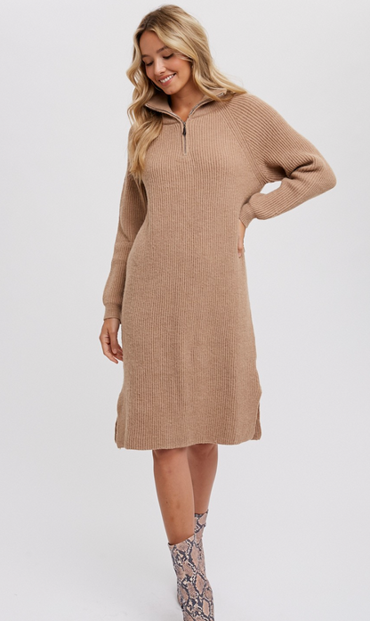 Quarter Zip Sweater Dress Taupe