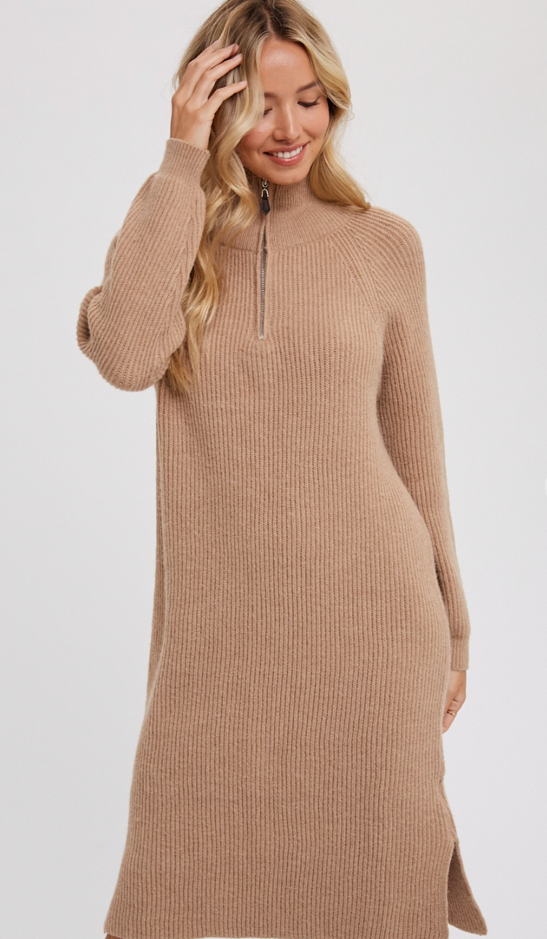 Quarter Zip Sweater Dress Taupe