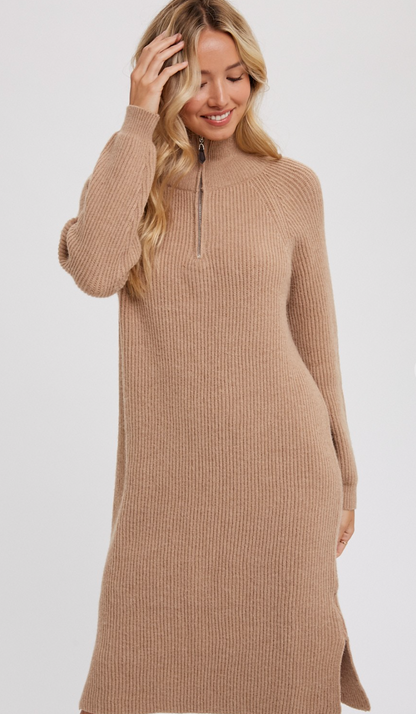 Quarter Zip Sweater Dress Taupe