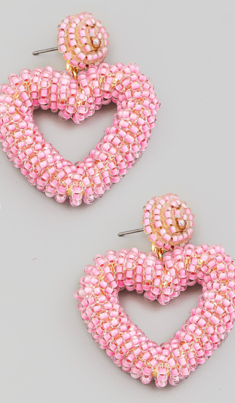 Beaded Heart Earrings Pink