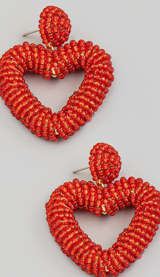 Beaded Heart Earrings Red