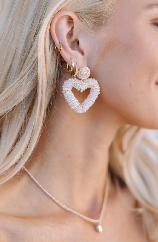 Beaded Heart Earrings White