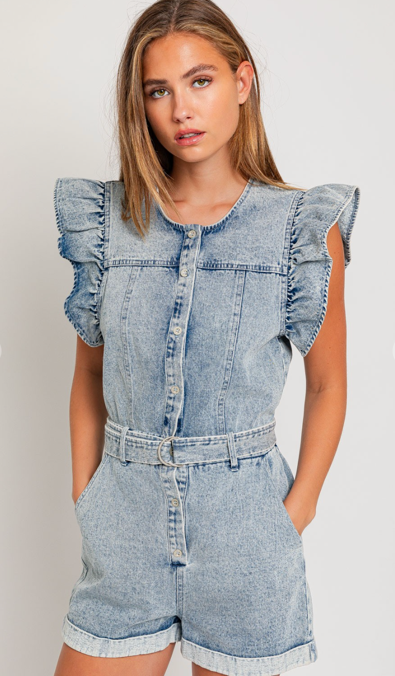 Ruffle Buttons Denim Romper