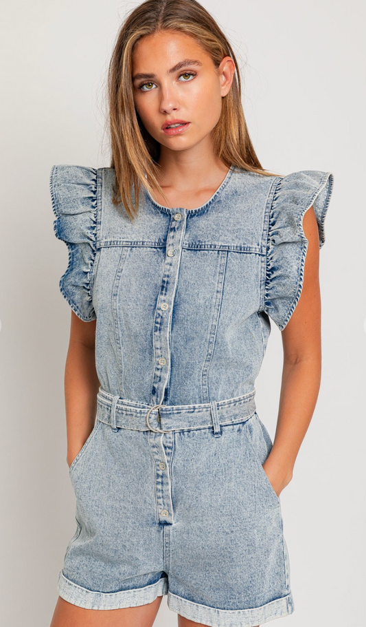 Ruffle Buttons Denim Romper