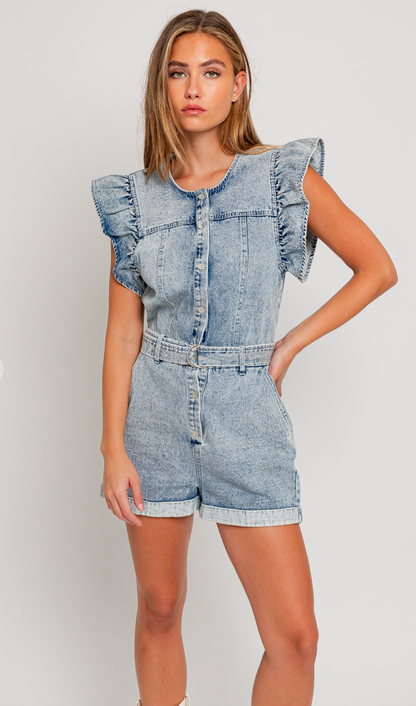 Ruffle Buttons Denim Romper