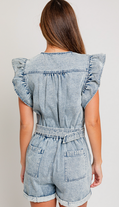 Ruffle Buttons Denim Romper