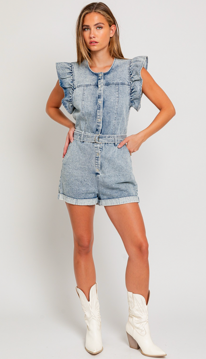 Ruffle Buttons Denim Romper