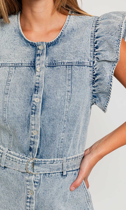 Ruffle Buttons Denim Romper