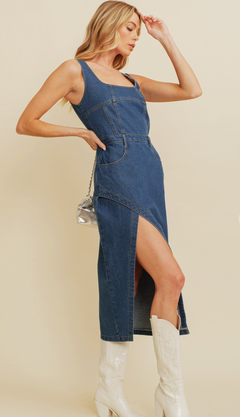 Denim Midi Dress w/ Slit