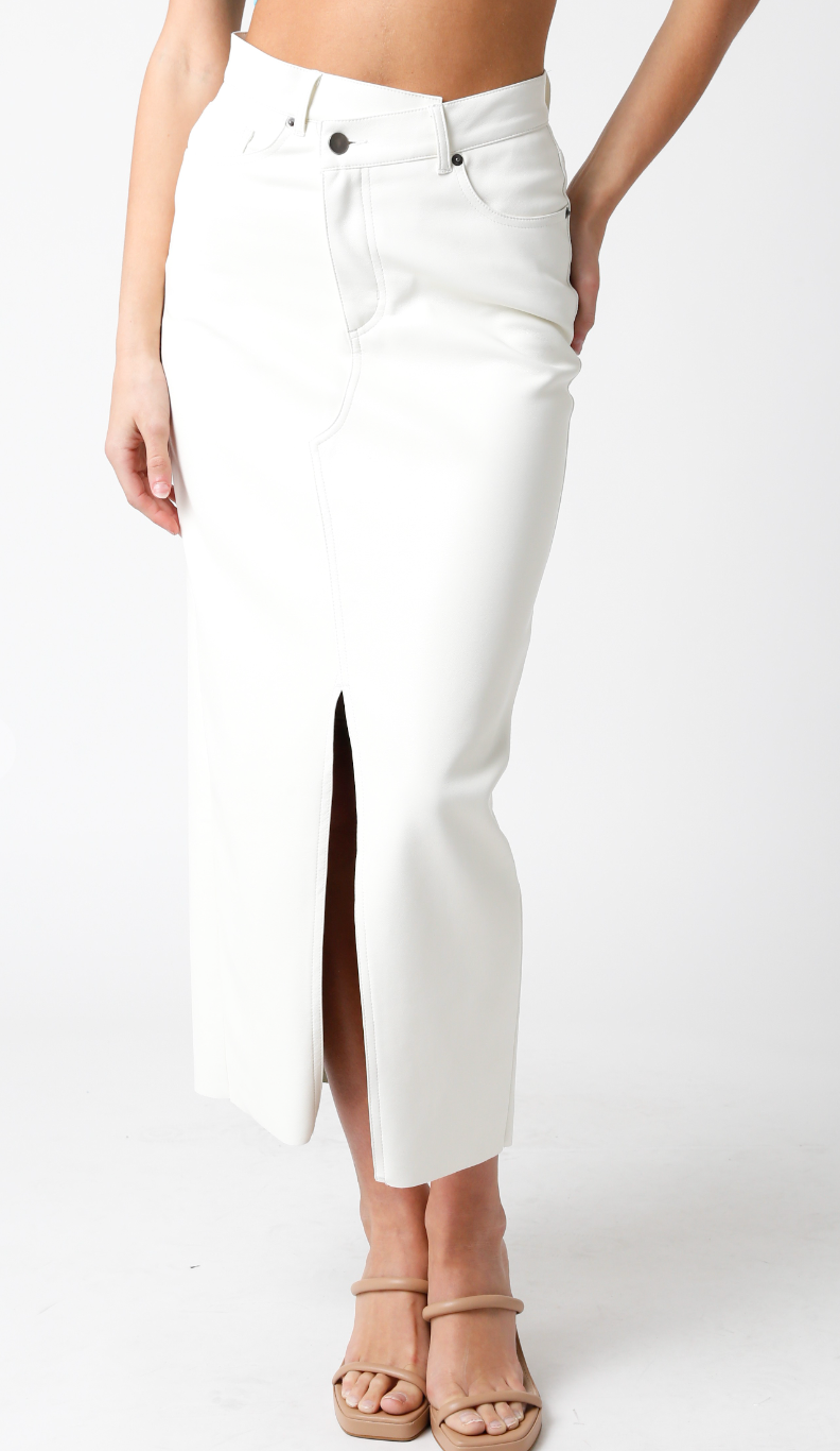 Faux Leather Midi Skirt w/ Slit White