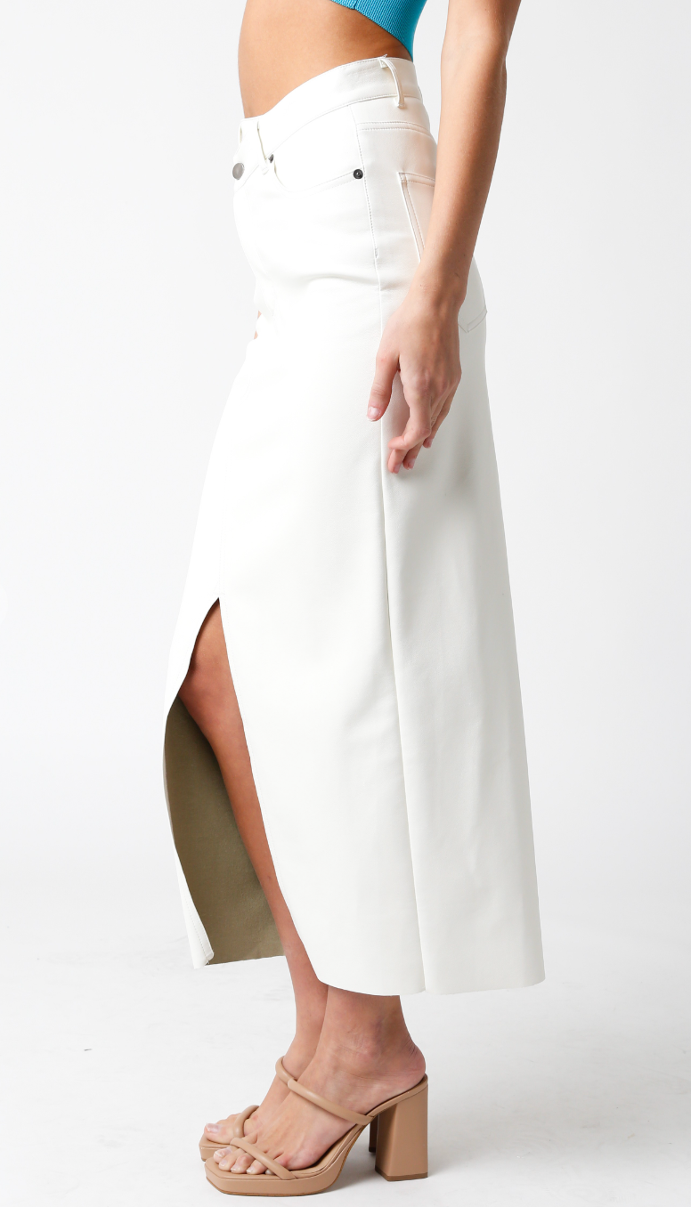 Faux Leather Midi Skirt w/ Slit White