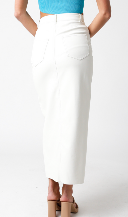 Faux Leather Midi Skirt w/ Slit White