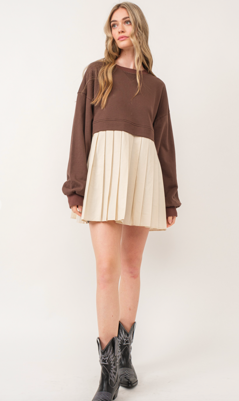 Brown Pleated Sweatshirt Dress