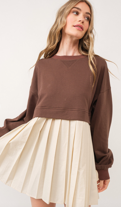 Brown Pleated Sweatshirt Dress