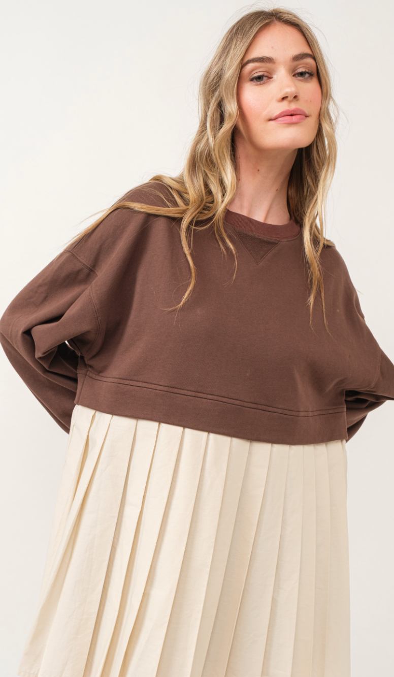 Brown Pleated Sweatshirt Dress