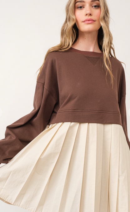 Brown Pleated Sweatshirt Dress