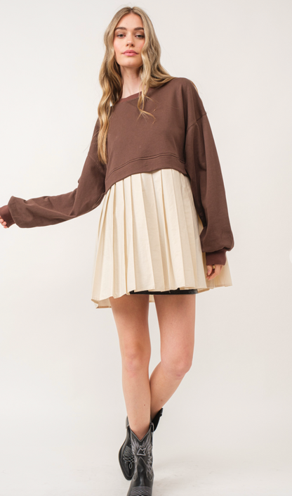 Brown Pleated Sweatshirt Dress