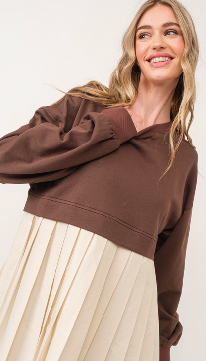 Brown Pleated Sweatshirt Dress