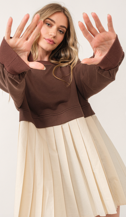 Brown Pleated Sweatshirt Dress