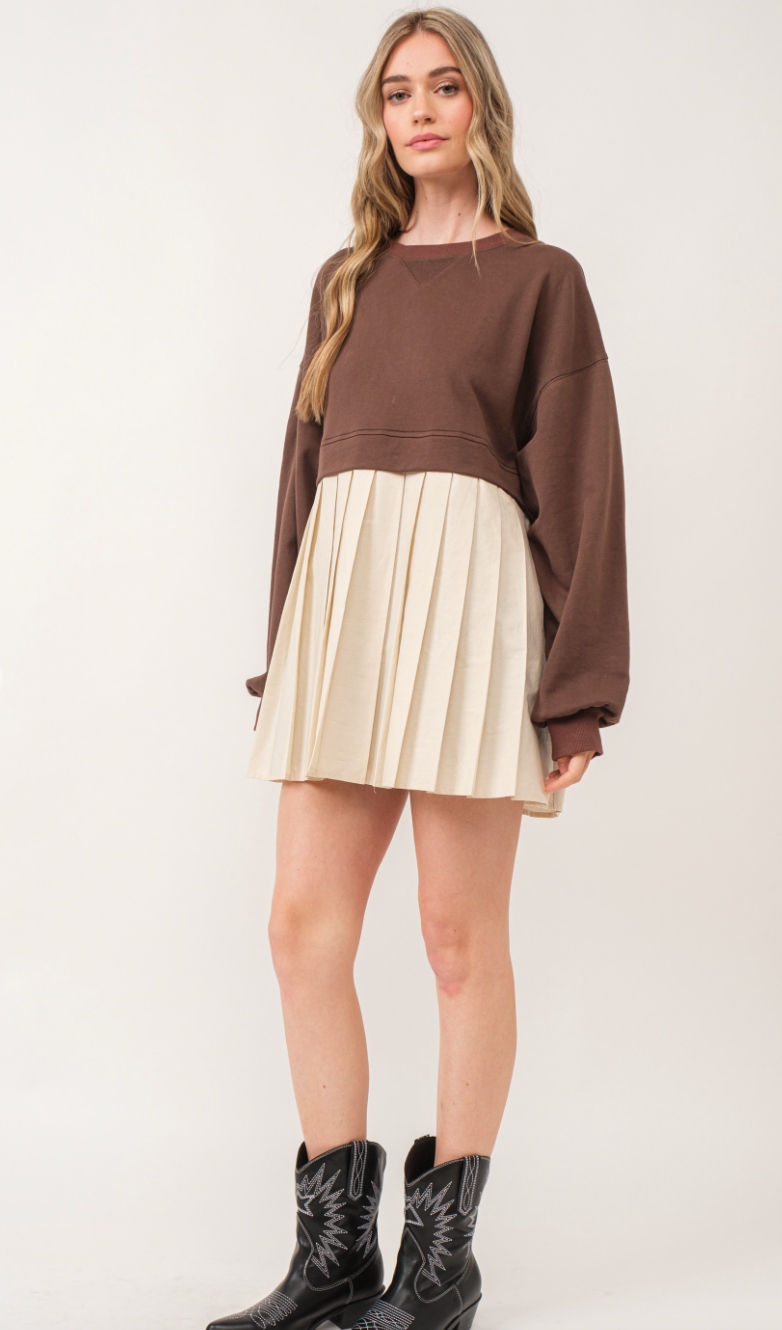 Brown Pleated Sweatshirt Dress