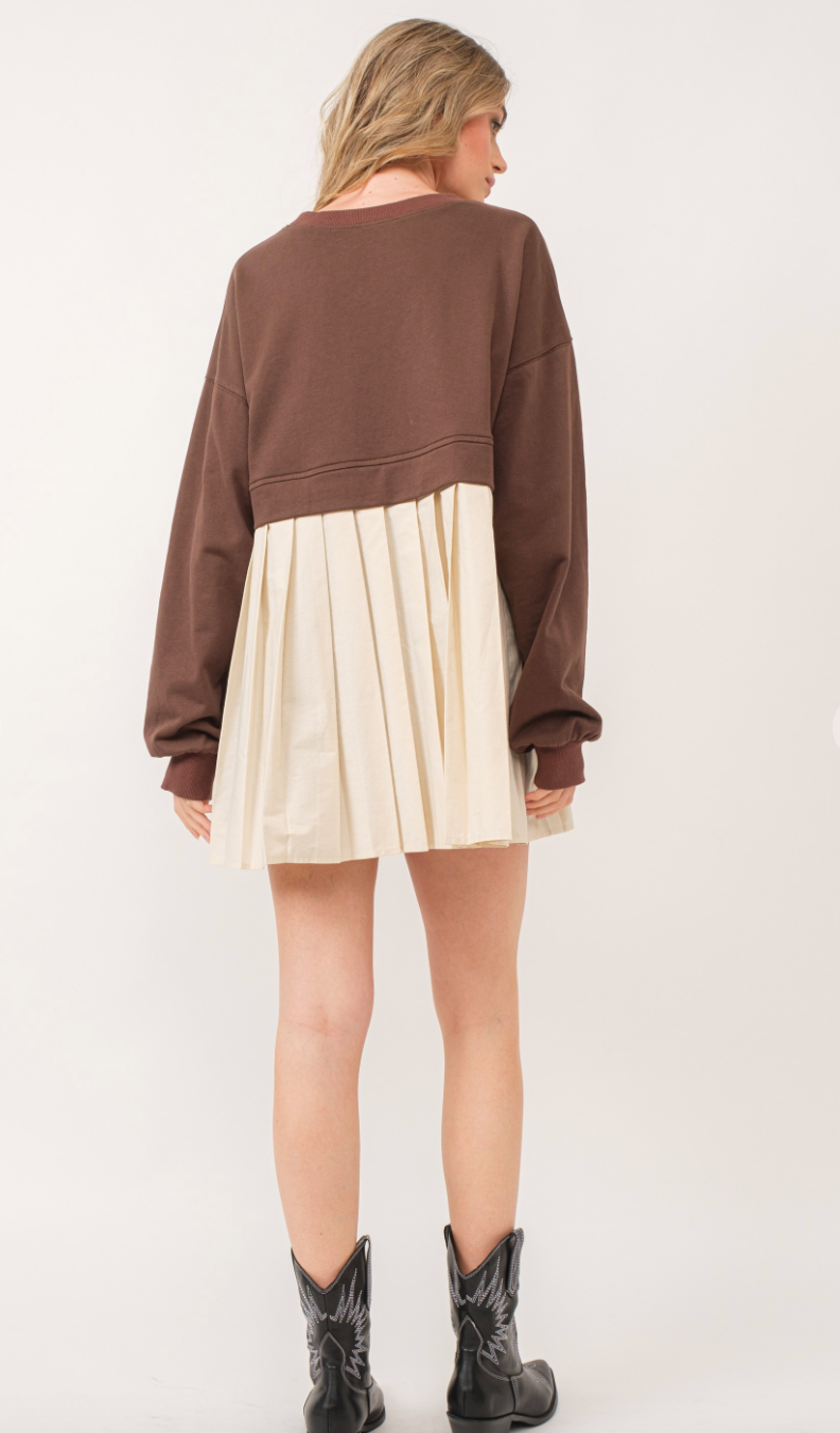 Brown Pleated Sweatshirt Dress