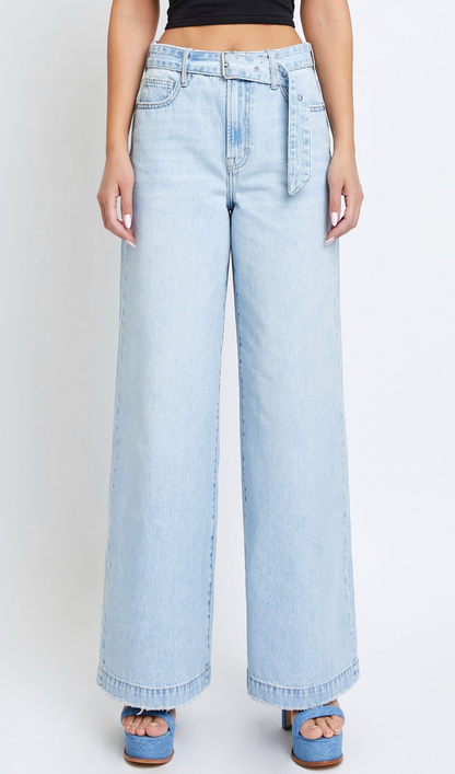 Light Wash Wide Leg Belted Jeans