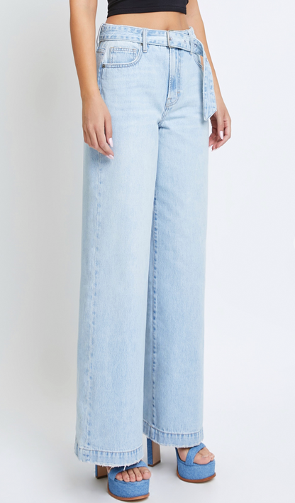 Light Wash Wide Leg Belted Jeans