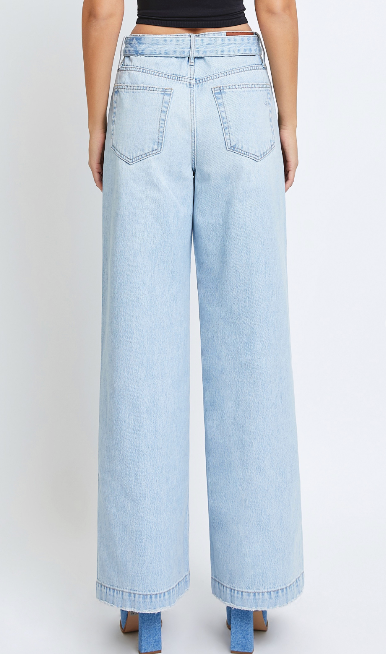 Light Wash Wide Leg Belted Jeans