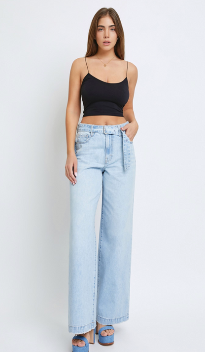 Light Wash Wide Leg Belted Jeans