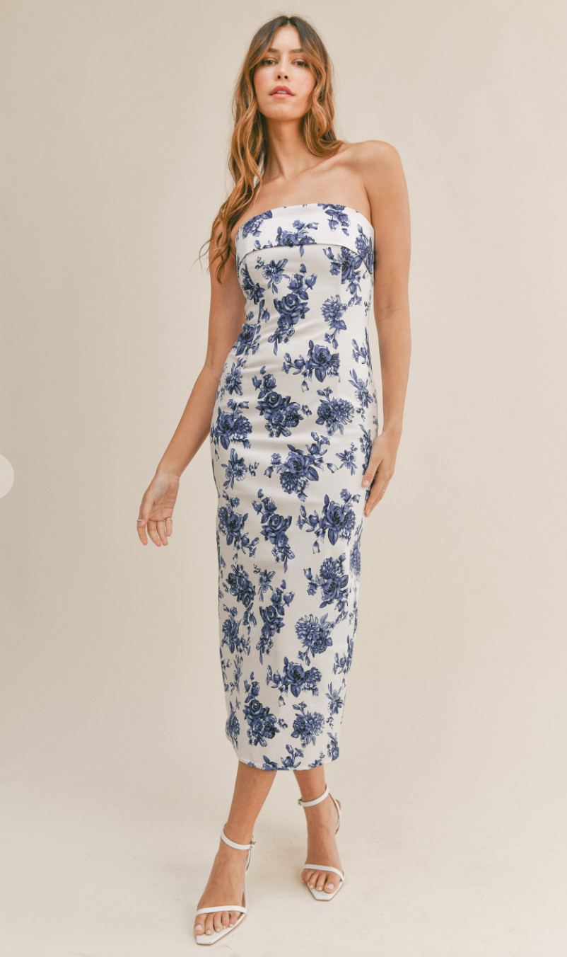 Blue Floral Strapless Dress