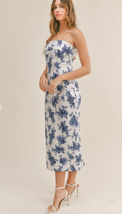 Blue Floral Strapless Dress