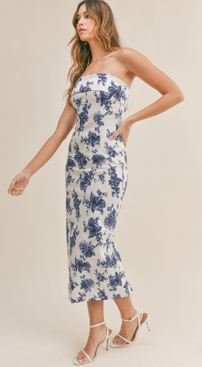 Blue Floral Strapless Dress