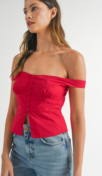 Off Shoulder Buttons Top Red