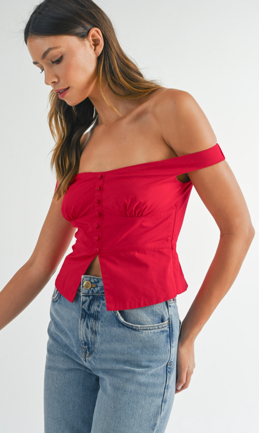 Off Shoulder Buttons Top Red