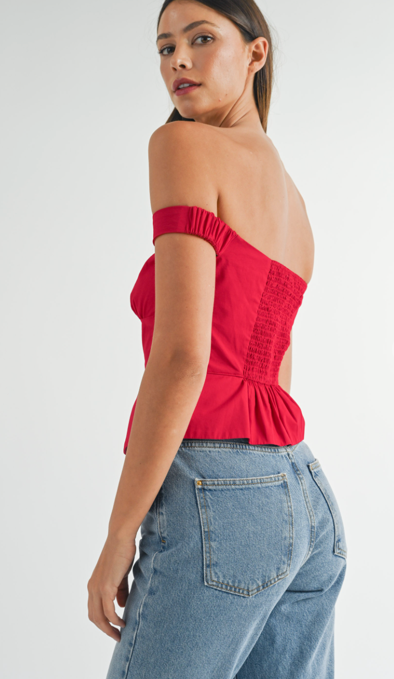 Off Shoulder Buttons Top Red