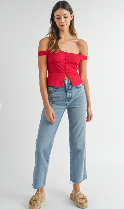 Off Shoulder Buttons Top Red