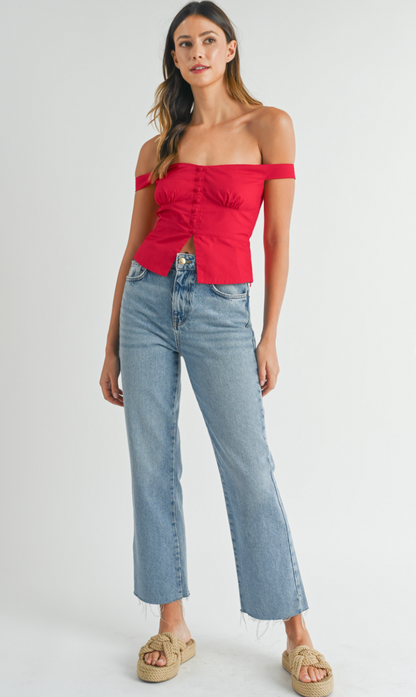 Off Shoulder Buttons Top Red