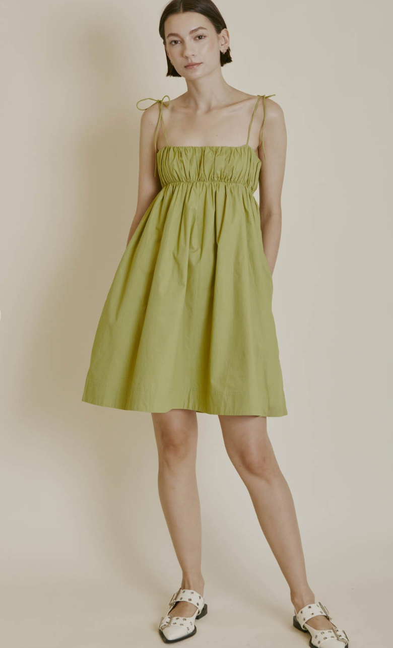 Shirred Poplin Mini Dress Lime