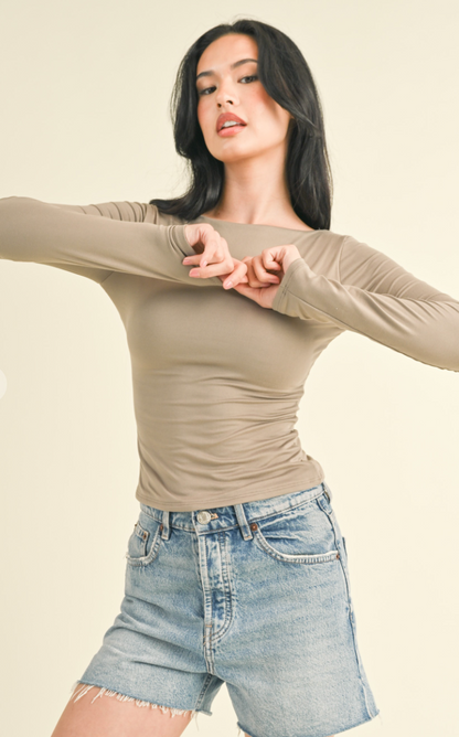 Long Sleeve Scoop Back Top Taupe