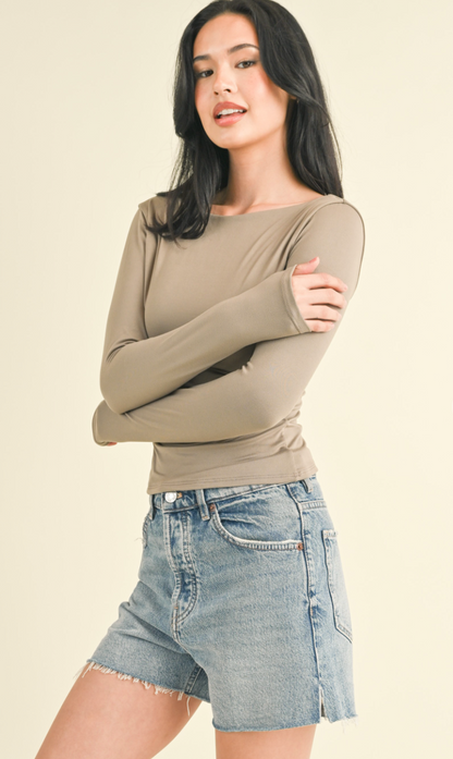 Long Sleeve Scoop Back Top Taupe