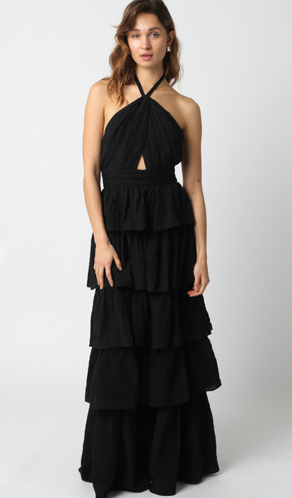 Halter Ruffle Tier Maxi Dress Black