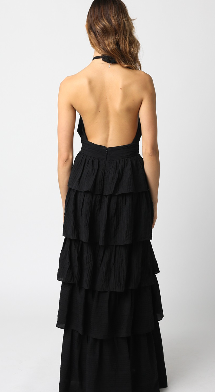 Halter Ruffle Tier Maxi Dress Black