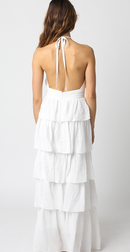 Halter Ruffle Tier Maxi Dress White