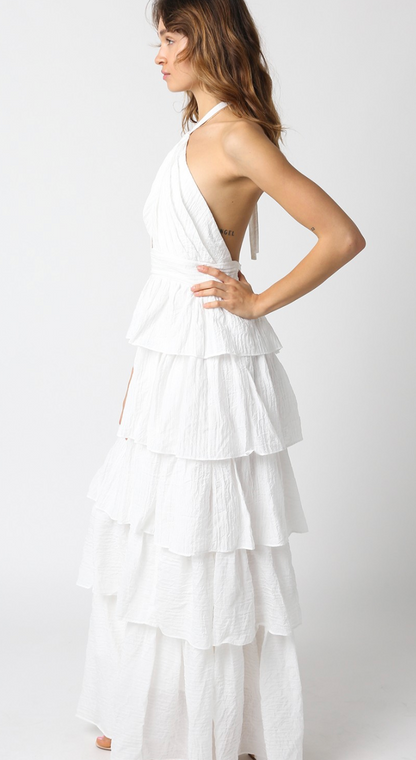 Halter Ruffle Tier Maxi Dress White